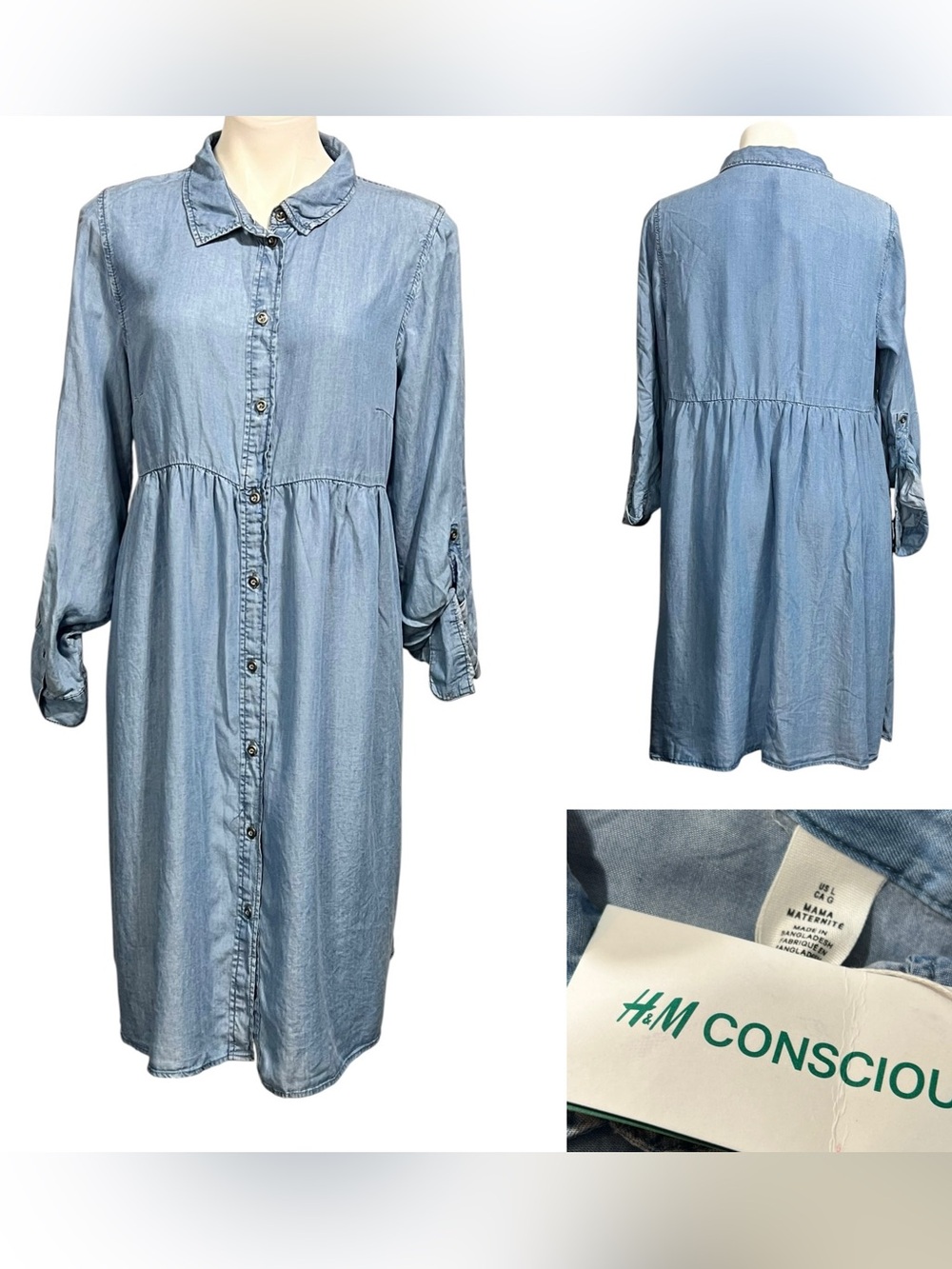 H&M Conscious Collection Shirt Dress Sz L chambray Denim Button-Front casual‎
